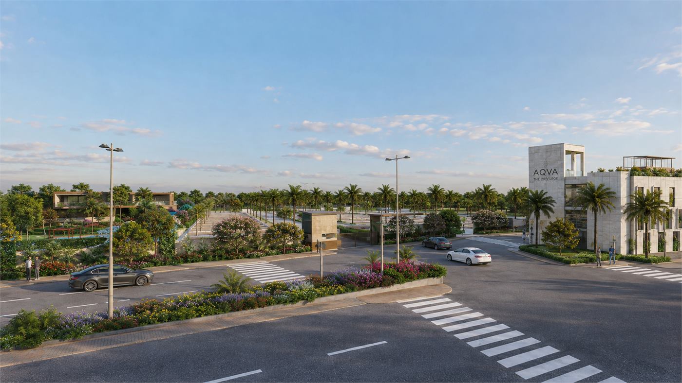 AQVA The Reserve waterfront landscape with villas, palm trees and green open spaces