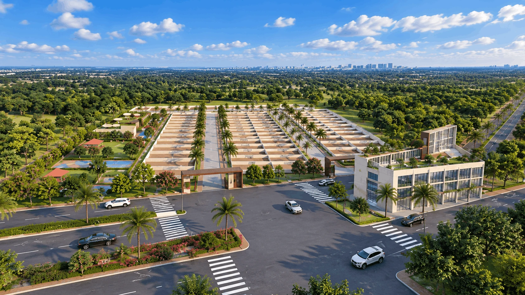 Illustrative rendering of a landscaped plotted residential community with entrance and amenities