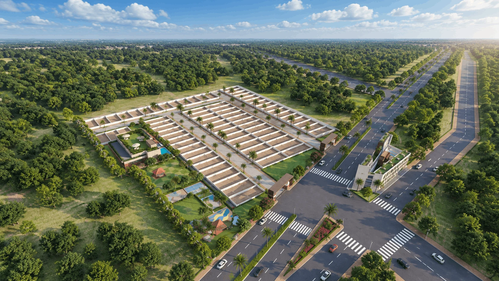 Aerial view of a planned DDJAY plotted community in Sector 5 Sohna with internal roads and landscaped amenities