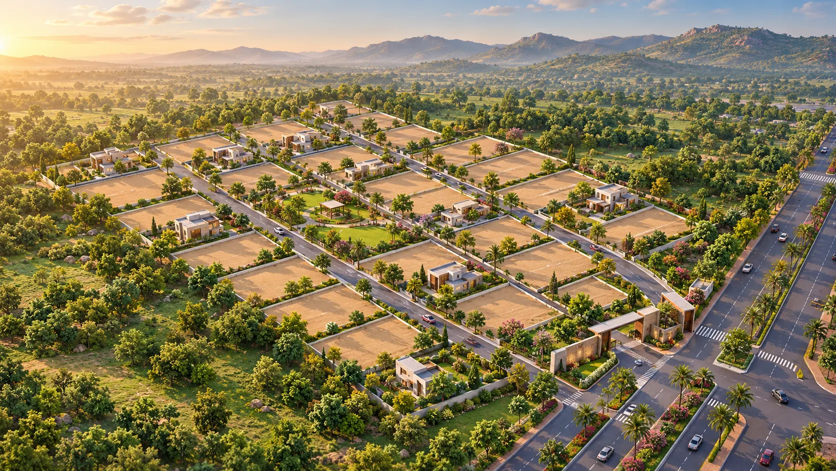 Illustrative aerial view of residential plots and landscaped open spaces with hills in the distance