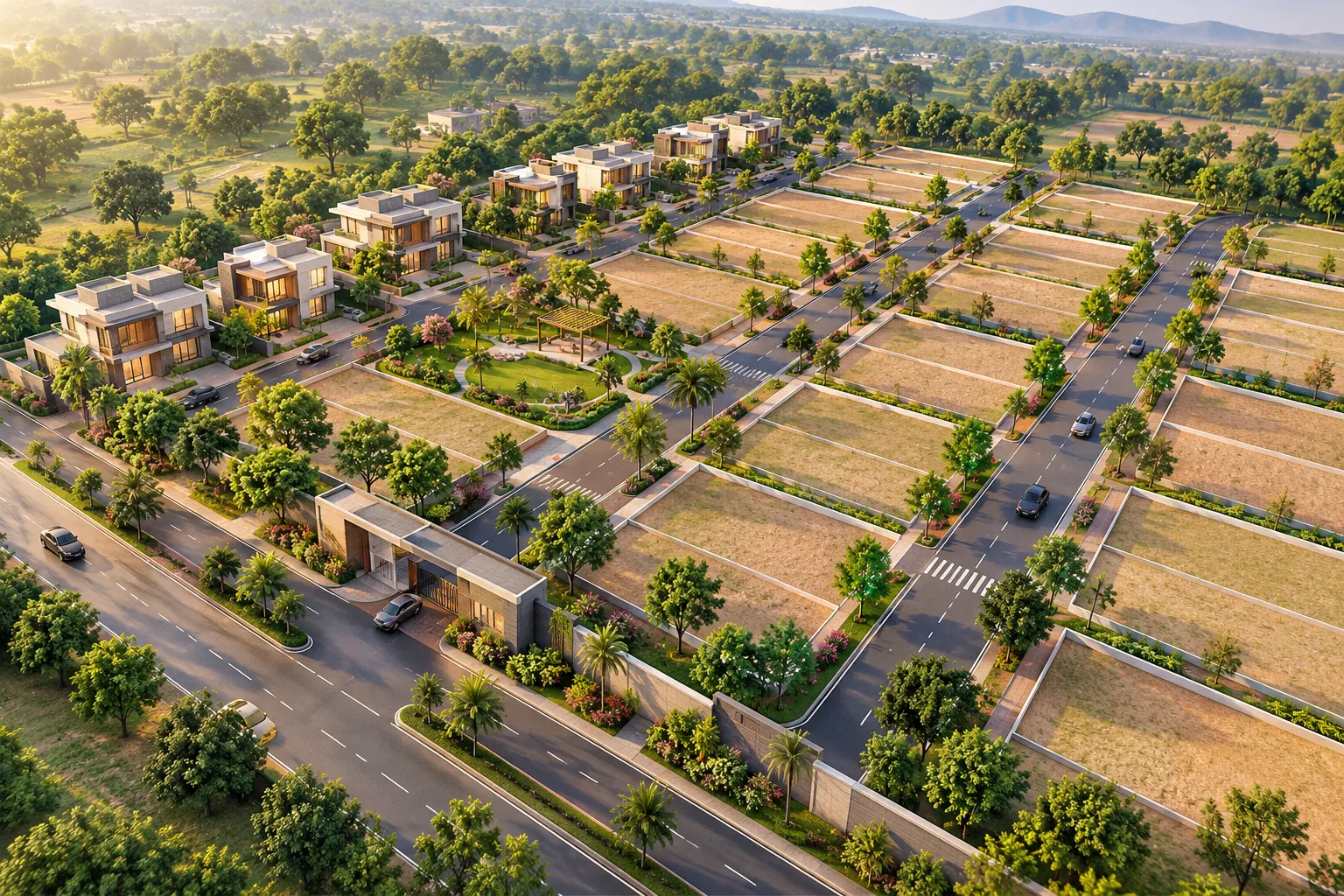 Illustration of a gated plotted community with homes, landscaped gardens and internal roads
