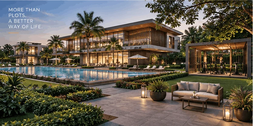 Illustrative view of clubhouse and landscaped community features