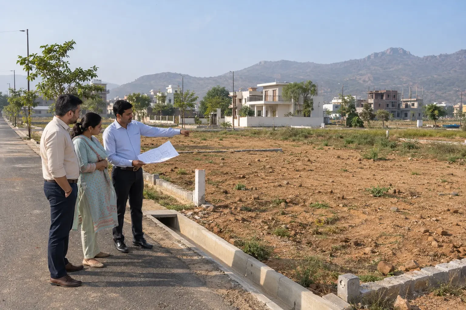 Family reviewing a residential plot in Sohna Gurgaon during an on-site inspection